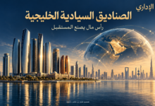 الصناديق السيادية الخليجية: تصميم تصوري خاص بالإداري يرمز إلى الاستثمار الإماراتي والشراكات العالمية